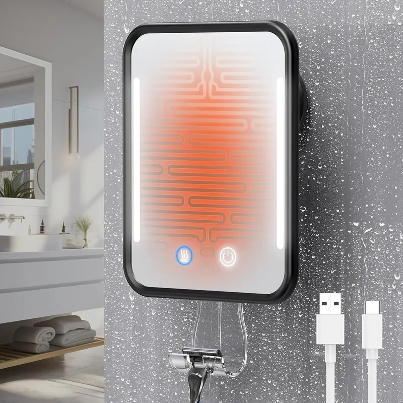 Heated Shower Mirror Fogless for Shaving with Light, 5000mAh Rechargeable , Detachable Suction Cup and Razor Holder for Wall, NO-Drilling, Removable, for Bathroom - Black