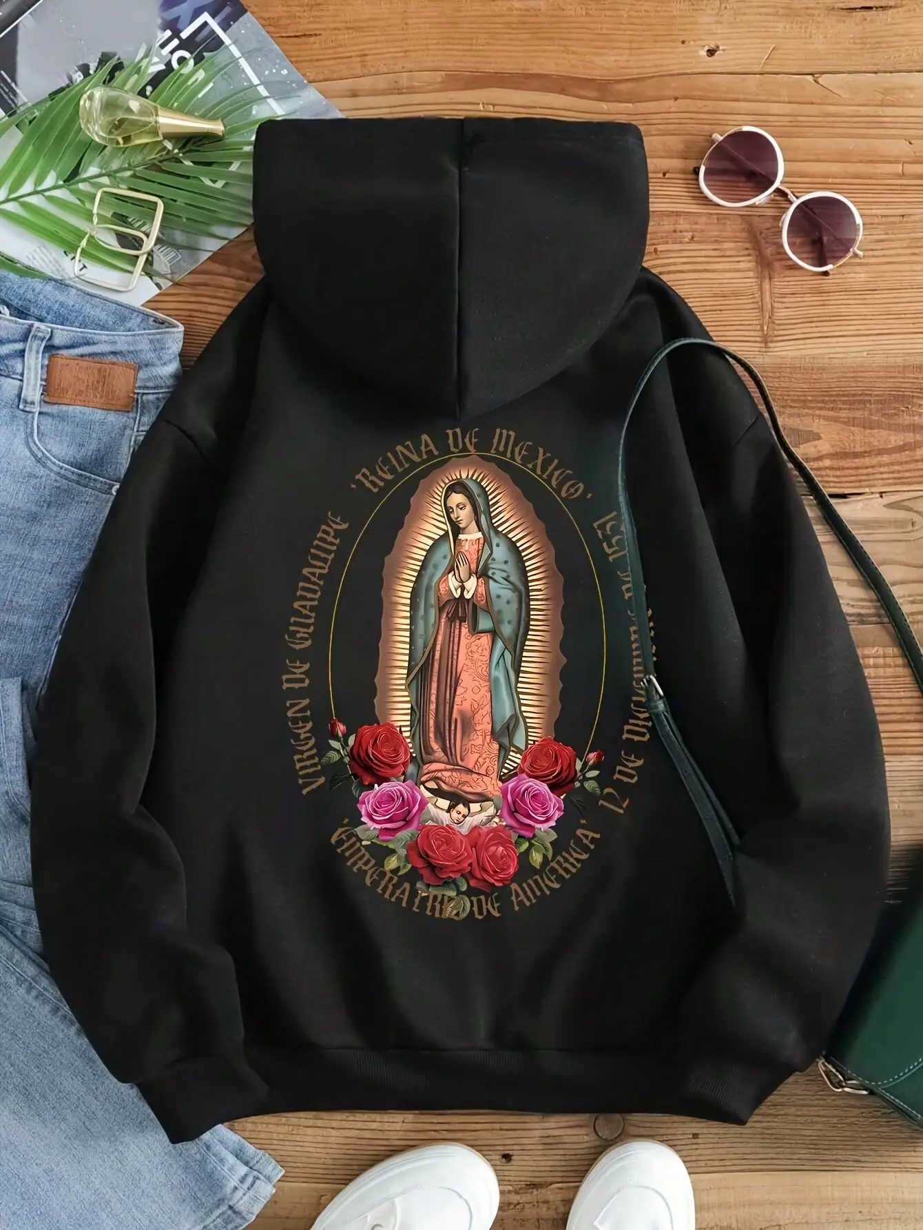 Women's Printed Pullover Graphic Hoodies - Soft Long Sleeve Christian Streetwear Tops, Virgen de Guadalupe Design Fashion Apparel, S-5XL Outfits Piece