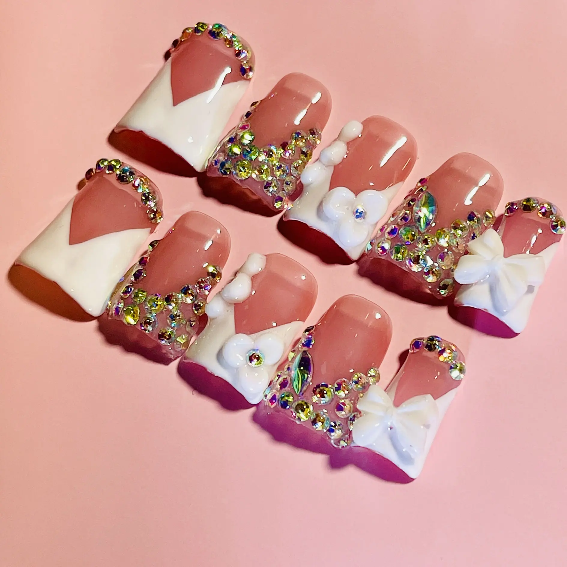 DiDazzle 10 PCS Handmade Duckbill Press-on Nails - Acrylic Details, Crystal Clusters & Shiny Accent Designs