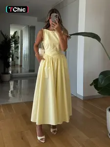 Women's Casual Sleeveless Round Neck Fitted Dress, Plain Long Backless Design, Perfect for Daily Wear & Leisure, Casual Classy Dress