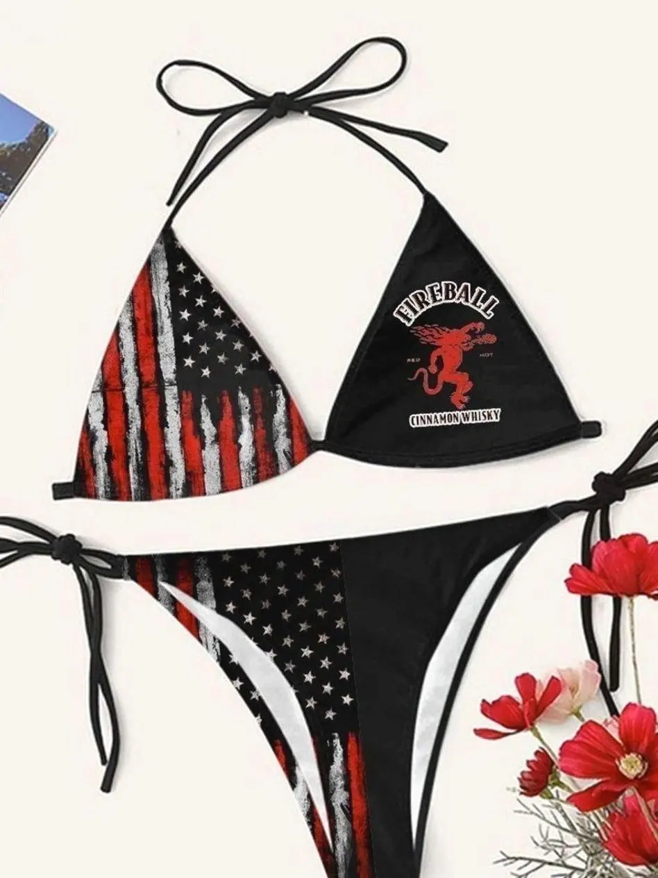 Fireball Whiskey Casual  American Flag Drinking Triangle Bikini Set 1X5 TP6 TWL