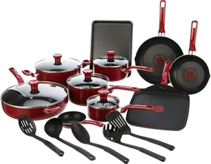 T-fal 20-Piece Red Kitchen Cookware Set with Glass Lids and Pans, Dishwasher Safe for All Kitchen Needs, Pan