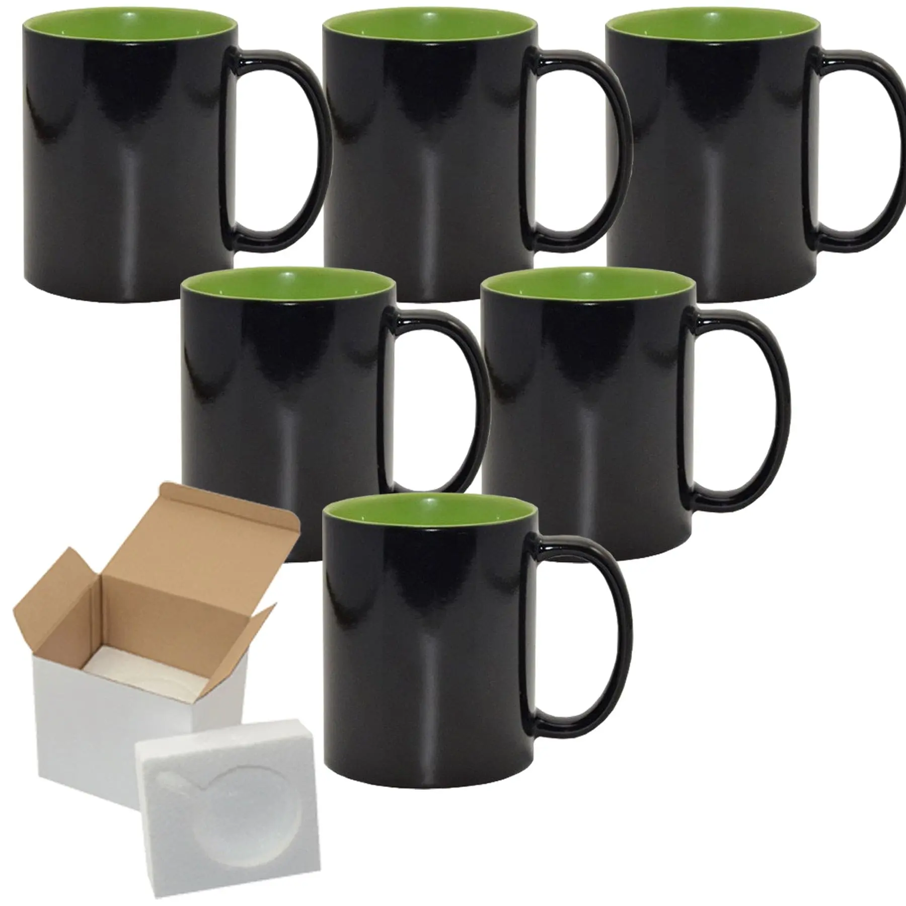 Sublimation Color Changing Mug Set - 6 Pack (15oz) | Green Interior | Heat Sensitive Mugs | Individually Packaged | Foam Support Boxes