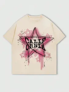 1pc Men's California Y2K Graphic T-Shirt Pink Airbrush Star & Graffiti Print Apricot Short Sleeve Tee Retro Grunge Streetwear Top for Men Summer
