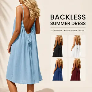 Women's Solid Color Cami Lounge Dress, Elegant Sleeveless Knee-Length Dress for Summer, Ladies Sleepwear for Indoor Wear