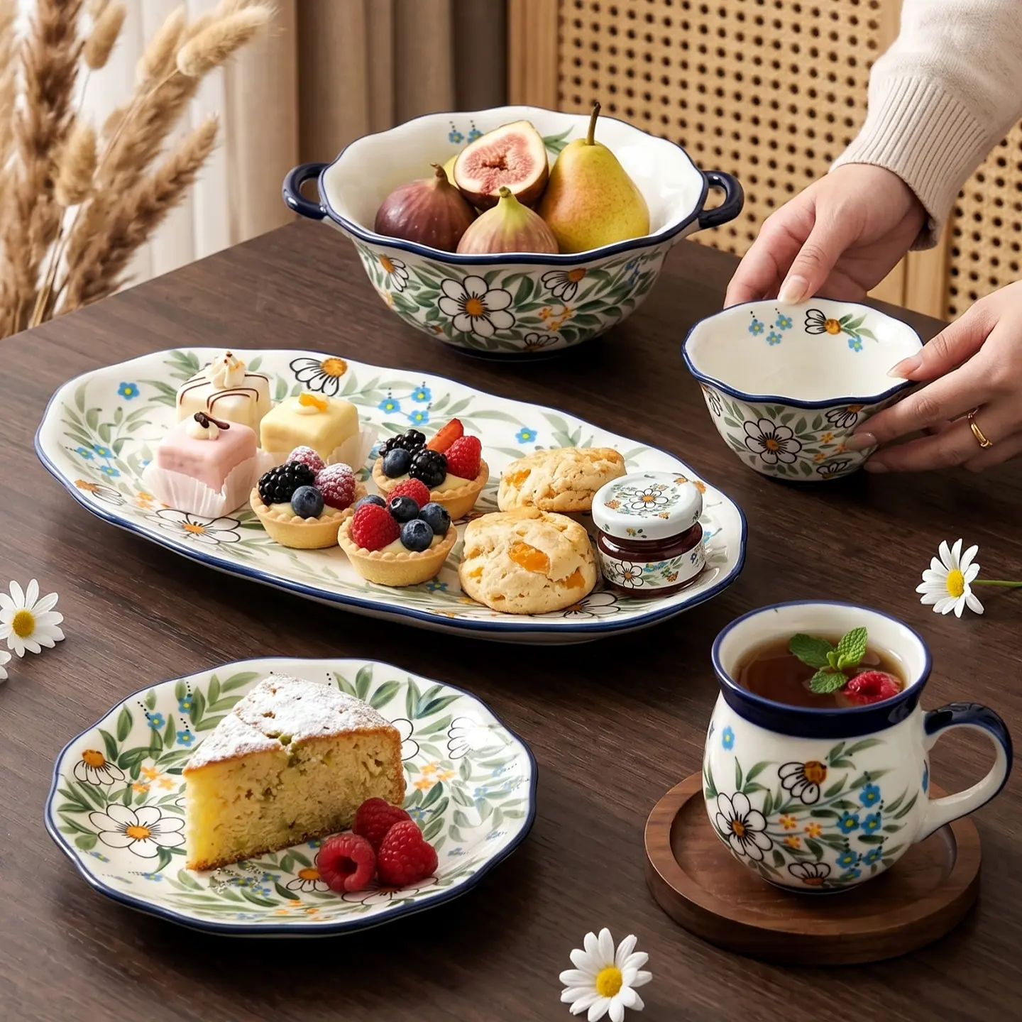 HongDian White Daisy Pattern Dinnerware,Cup Bowl Plate,with Double Handles,Hand Painted Craft,Premium Porcelain,400/280/1000ml 14/10/34 oz,White Green Blue,SGS Tested Underglaze Fade Resistant,Microwave Dishwasher Oven Sterilizer Safe,Home Gift