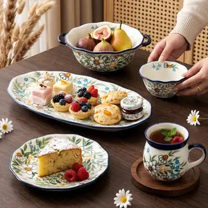 HongDian White Daisy Pattern Dinnerware,Cup Bowl Plate,with Double Handles,Hand Painted Craft,Premium Porcelain,400/280/1000ml 14/10/34 oz,White Green Blue,SGS Tested Underglaze Fade Resistant,Microwave Dishwasher Oven Sterilizer Safe,Home Gift