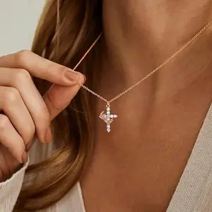 Rose Gold Luxury Cross Crown Necklace - Women's Exquisite Faith Pendant, Christian Religious Jewelry, Warm Gift for Girlfriend/Wife/Mom on Valentine's Day