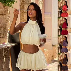 Women's Two Piece Summer Outfit Going Out Clothes Set Sleeveless Mock Neck Halter Bubble Crop Tank Top and Mini Skirt 2 Piece Holiday Party Clubwear Beachwear
