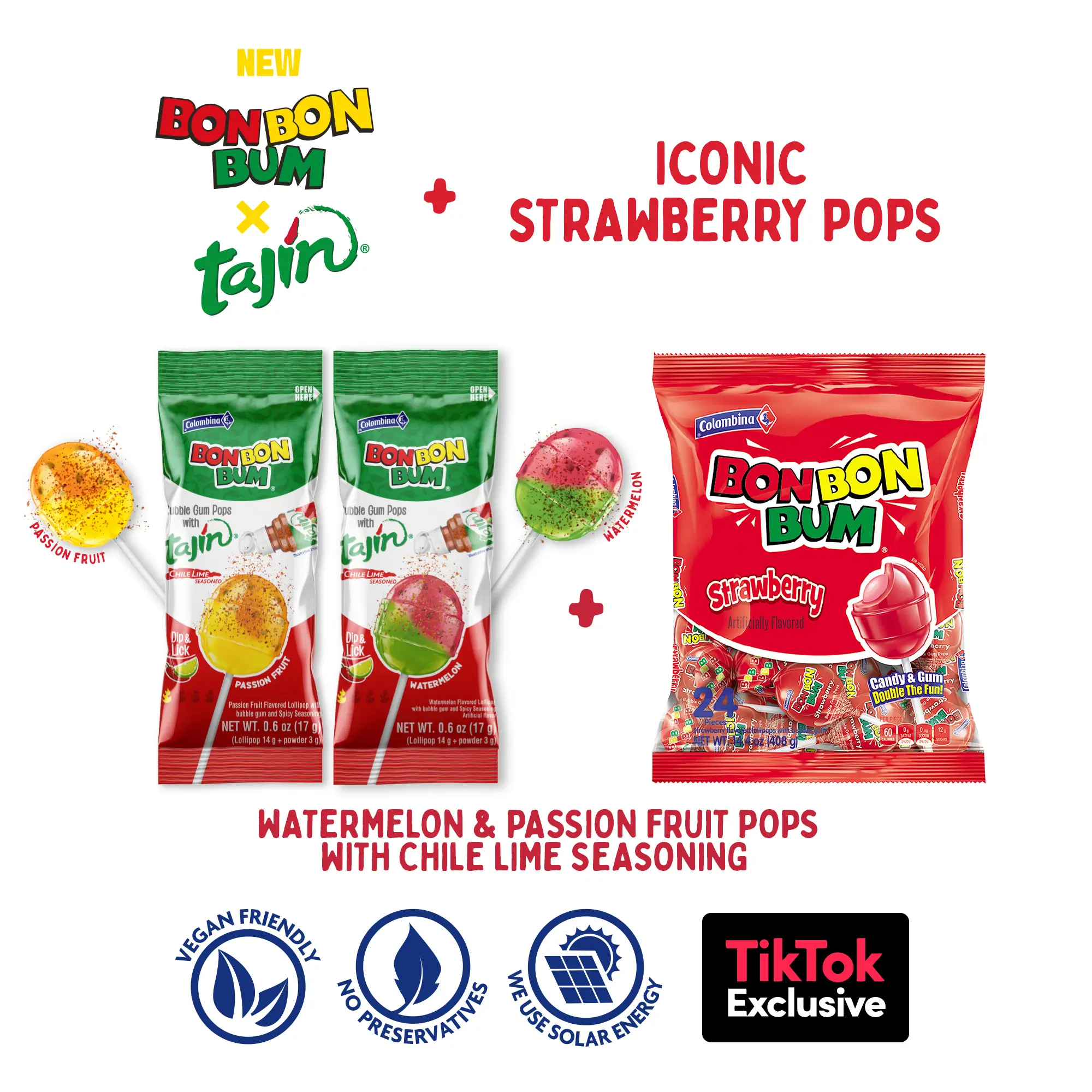 Bon Bon Bum Tajin & Fan-Favorite Strawberry Bubble Gum Lollipops TikTok Exclusive 44 OR 54 ct Bundle Vegan Friendly Gluten Free Sweet Tangy Lollipop C