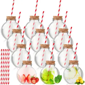 24 Pcs Plastic Patron Bottles Empty for Drinks Mini Plastic Fish Bowl Ornament Cups Spherical Potion Bottle with Cork and Straws Bulb Cups for Carnival Party Theme Decorations(300ml/10oz)