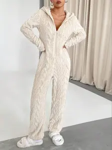 Elegant Women's Solid Color Wool Hooded Long Sleeve Deep V Sexy Jumpsuit, Slim-Fit Contemporary Style for All Seasons