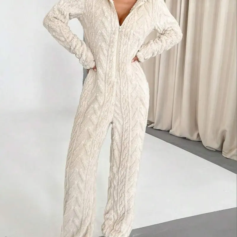 Elegant Chic Women's Solid Color Wool Hooded Long Sleeve Deep V Sexy Jumpsuit, Slim-Fit Contemporary Style for All Seasons, Womenswear