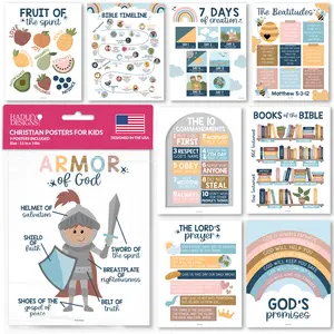[3 New Designs] Bible Posters | Set of 9 | Sunday School Classroom Decoration Sticker Learning Tool