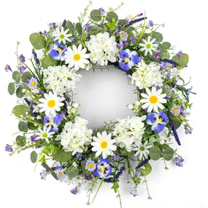 22 Inches Summer Wreaths for Front Door Spring Flower Wreath Farmhouse Spring Floral Wreaths Country Summer Door Wreath with Phalaenopsis Orchid Hydrangea Sunflower for Window Wall Porch Decoration