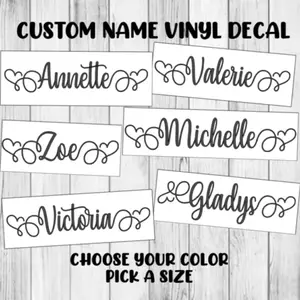 Custom Name Vinyl Decal Personalized Cursive Lettering Heart Sticker Organiser, Bottles, Cup, Canister, Tin, Laptop, Luggage, Car, Truck, Window, Wall