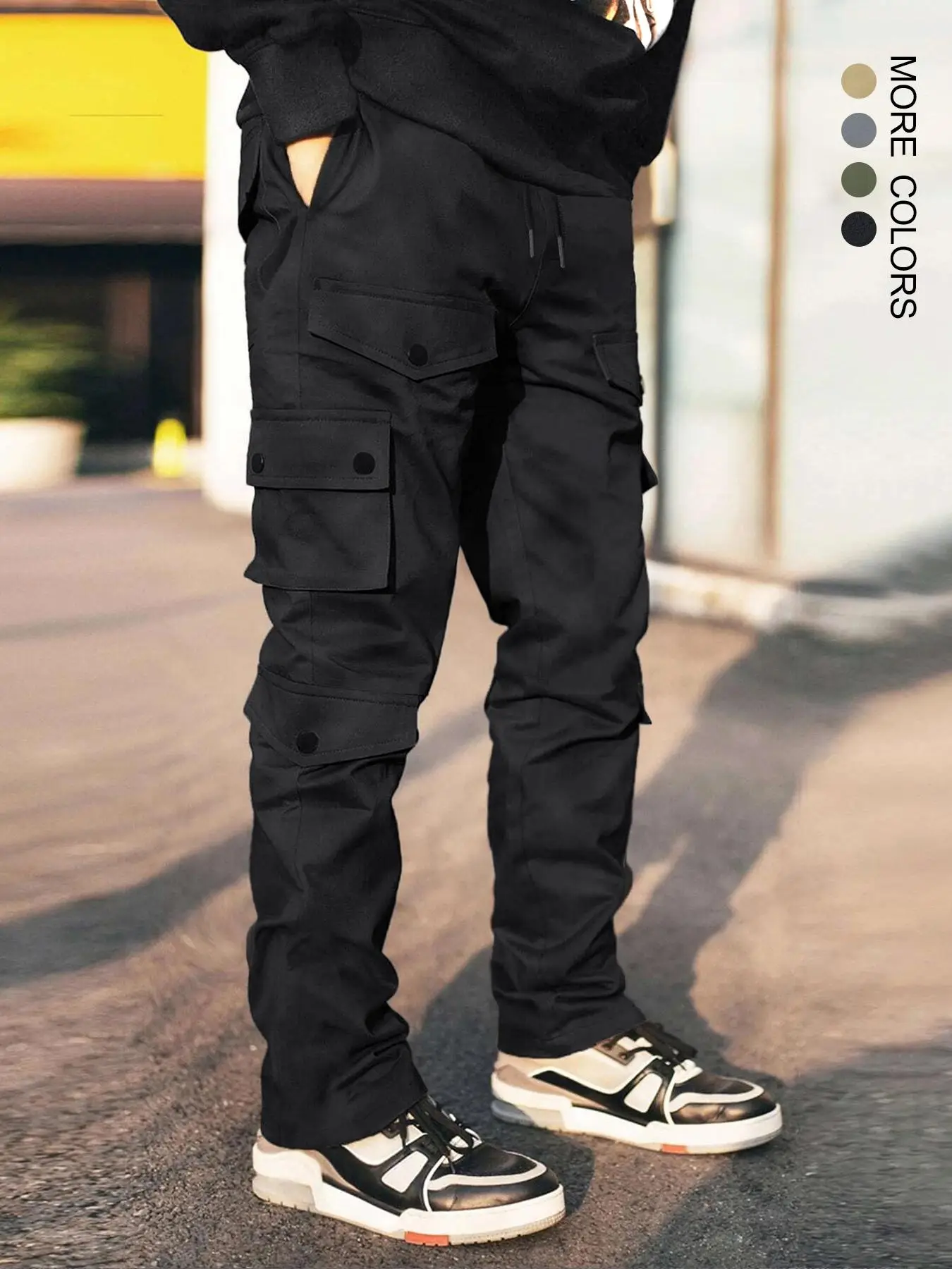 Unisex Men's Plain Drawstring Button Flap Pocket Cargo Pants, Regular Fit Street Fashion Casual Elastic Waist Straight Leg Trousers for Daily Wear, Su