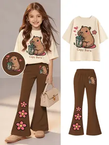 Girls' Milk Tea Water Pig Print Short Sleeve Flare Pants Set, Soft Comfortable, Casual School/picnic