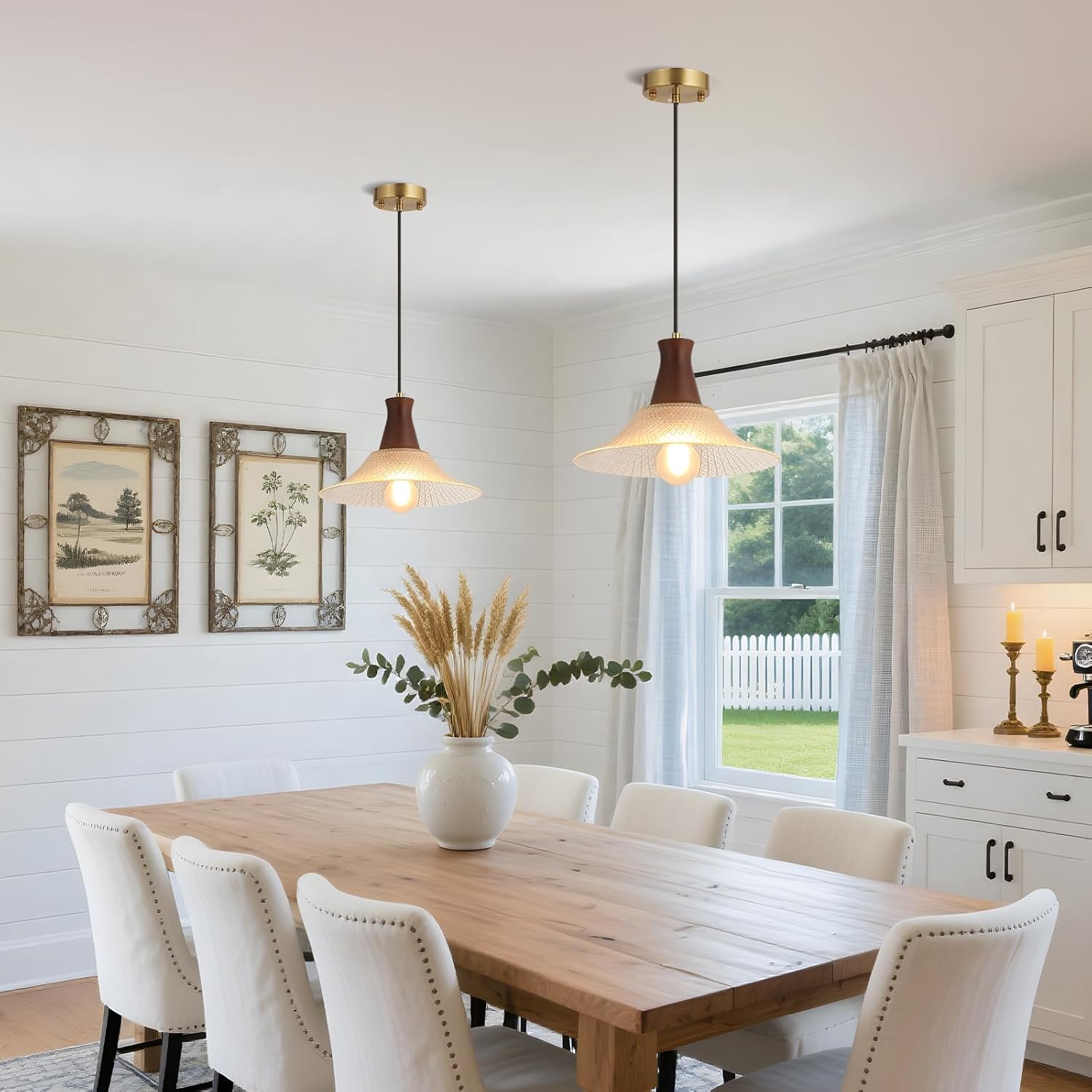 Vintage Kitchen Island Pendant Light Fixtures, Clear Wood & Glass Pendant Lighting, Modern Farmhouse Hanging Light with E26 Base (Crystal+Wood, 1 Pack)