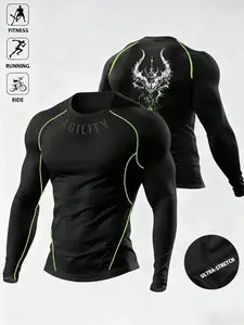 Men's High Elasticity Quick-Dry Long Sleeve Top, Dark Style Fitted Graphic Tee for Fitness Running, Agility, All Seasons Wear, Athletic Compression Shirt