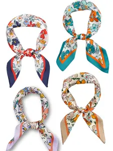 Multi Color Flowers Pattern Print Silk like Large Square Satin Headscarf Headdress Bandana Light Weight Scarf