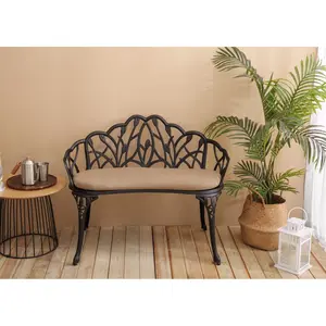 ARCH Tulip Patio Garden Bench Metal Park Bench Cast Aluminum Outdoor Furniture with Floral Rose for Patio,Park,Lawn,Yard Black withe cushion