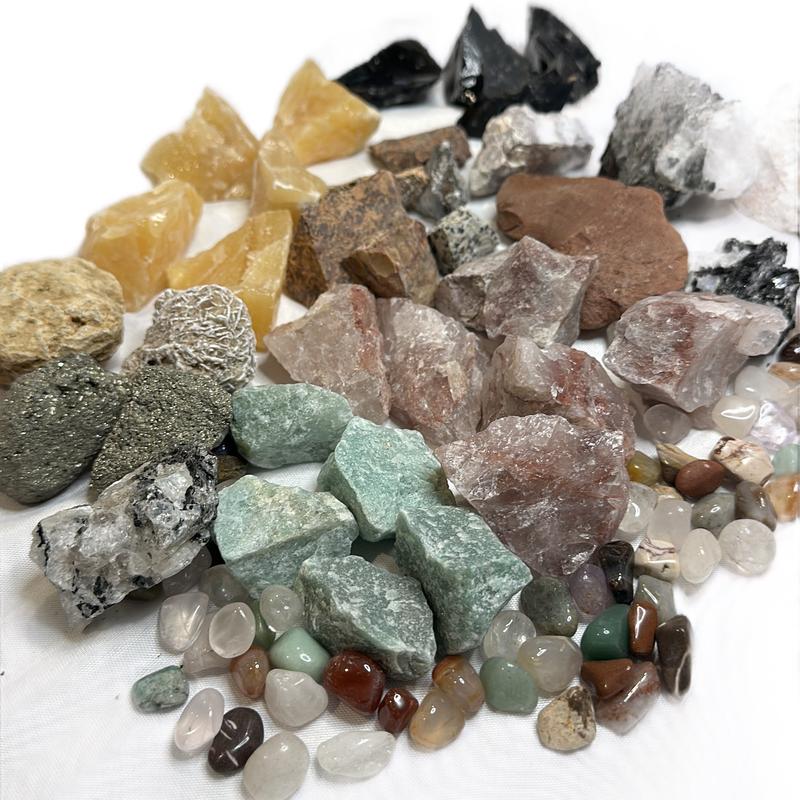 Raw Crystal Mining Bucket with Raw Crystals - 4 lbs Total Weight, rainbow moonstone , black obsidian , amethyst , fluorite , orange calcite so much more home decor natural crystal