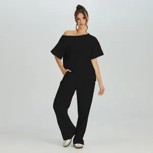 USBOUTIQUECHIC KatchMe Women's 2-Piece Casual Solid Color Suit - Sloping Shoulder Short Sleeve Top, Drawstring Waist Wideleg Trousers, Minimalist Womenswear