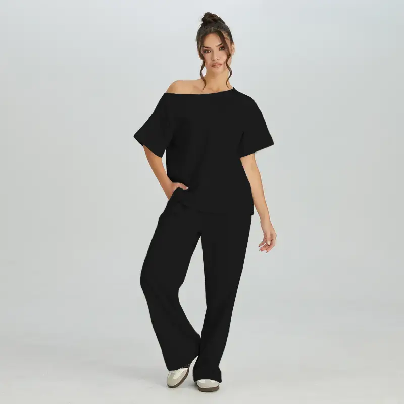 USBOUTIQUECHIC KatchMe Women's 2-Piece Casual Solid Color Suit - Sloping Shoulder Short Sleeve Top, Drawstring Waist Wideleg Trousers, Minimalist Womenswear