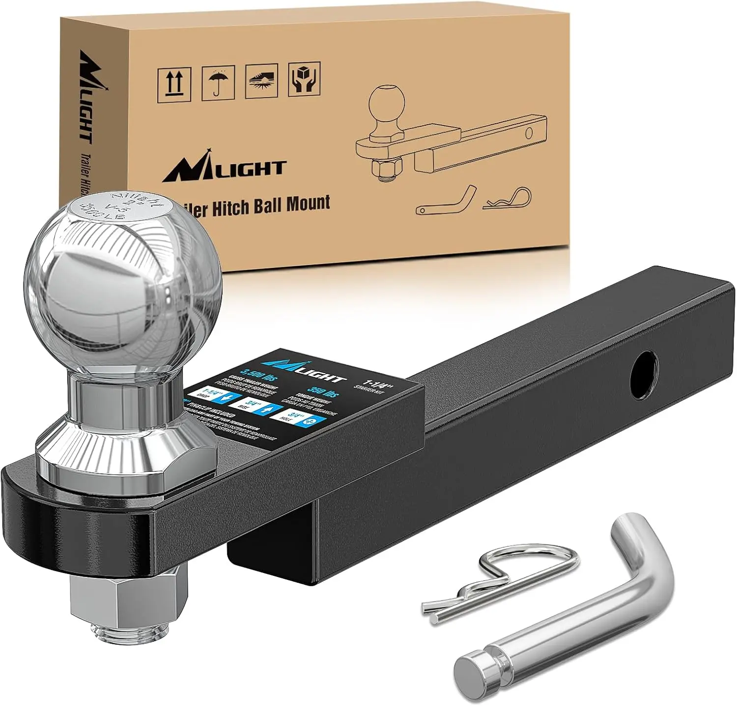 Nilight Powder Coated Trailer Hitch Mount - 2" Ball, 1/2" Hitch Pin Clip, 1-1/4" Drop/3/4" Rise, Fits 1-1/4" Tube, 3500lb Capacity - For Towing Trailers, ATV Hauling, Motorcycles, Campers, Drop/Rise