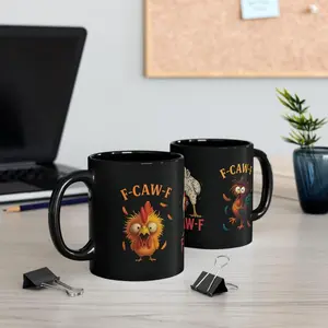 [BNB Gift 2025] Funny Chicken Mug 11oz 15 oz Black Ceramic Glossy Reusable Washable Tumbler Gift for Friends and Coworkers, F-Caw-F Chicken Humor Mug, Funny Rooster Meme Coffee Mug, Chicken Lover Gift