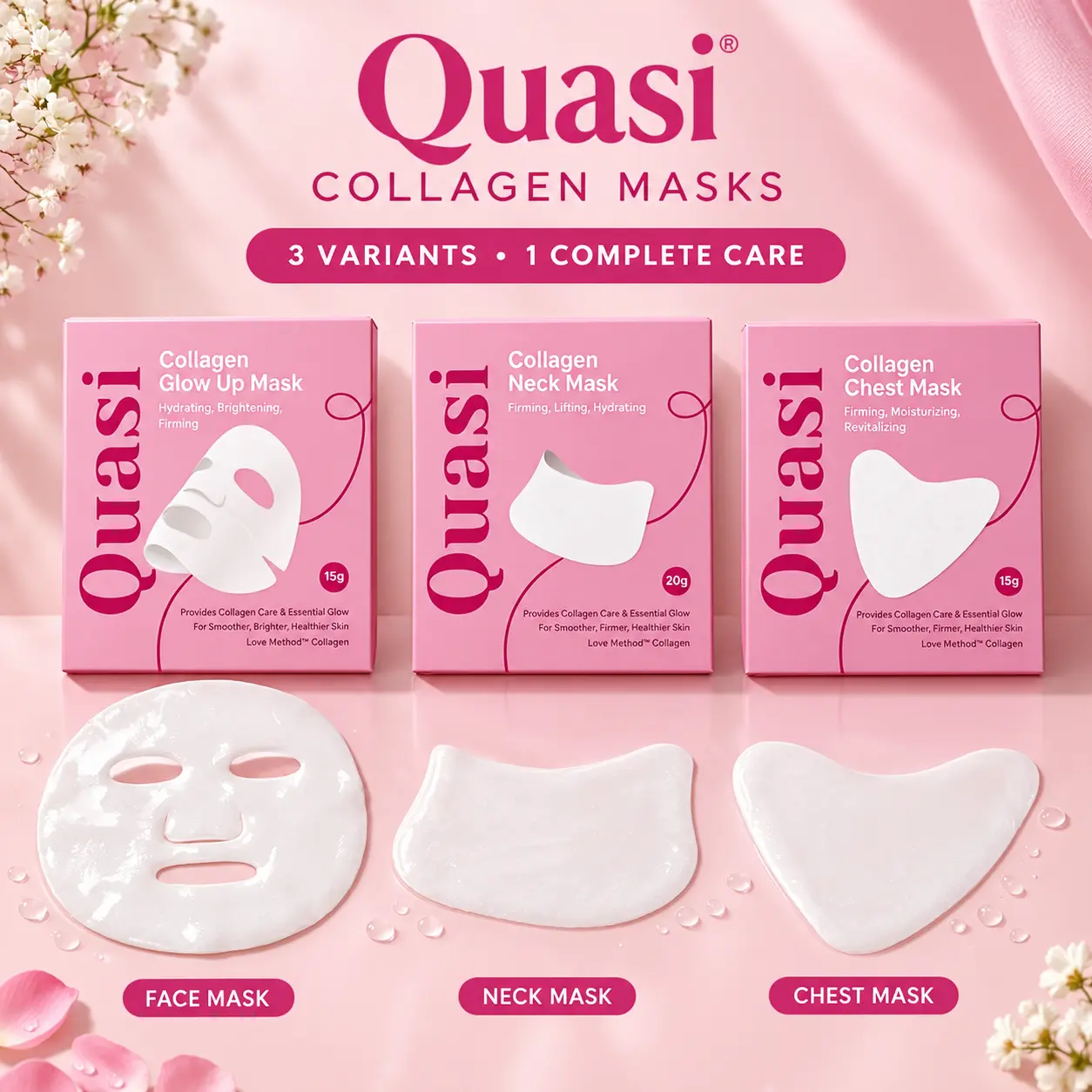 Quasi Bio Collagen Face, Neck & Chest Hydrogel Mask – 3 Piece Set