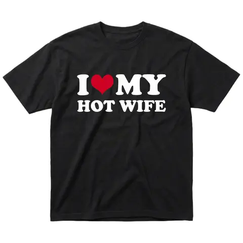 Men's "I Love My Hot Wife" Graphic T-Shirt, Funny Soft Cotton Round Neck Top with "Happy Wife" Humor, Valentine's Ready Couple Match Gift for Husband, Graphic Print