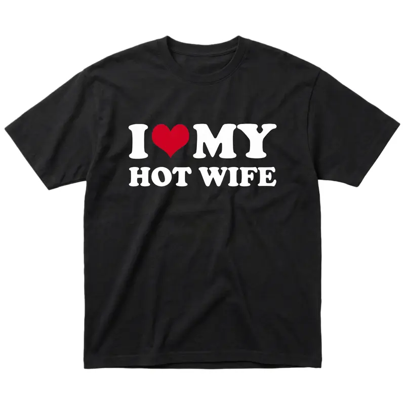 Men's "I Love My Hot Wife" Graphic T-Shirt, Funny Soft Cotton Round Neck Top with "Happy Wife" Humor, Valentine's Ready Couple Match Gift for Husband, Graphic Print