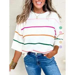 Women's Striped Print Sweater, Casual Short Sleeve Round Neck Jumper for Daily Wear, Ladies Knitwear for Spring & Fall