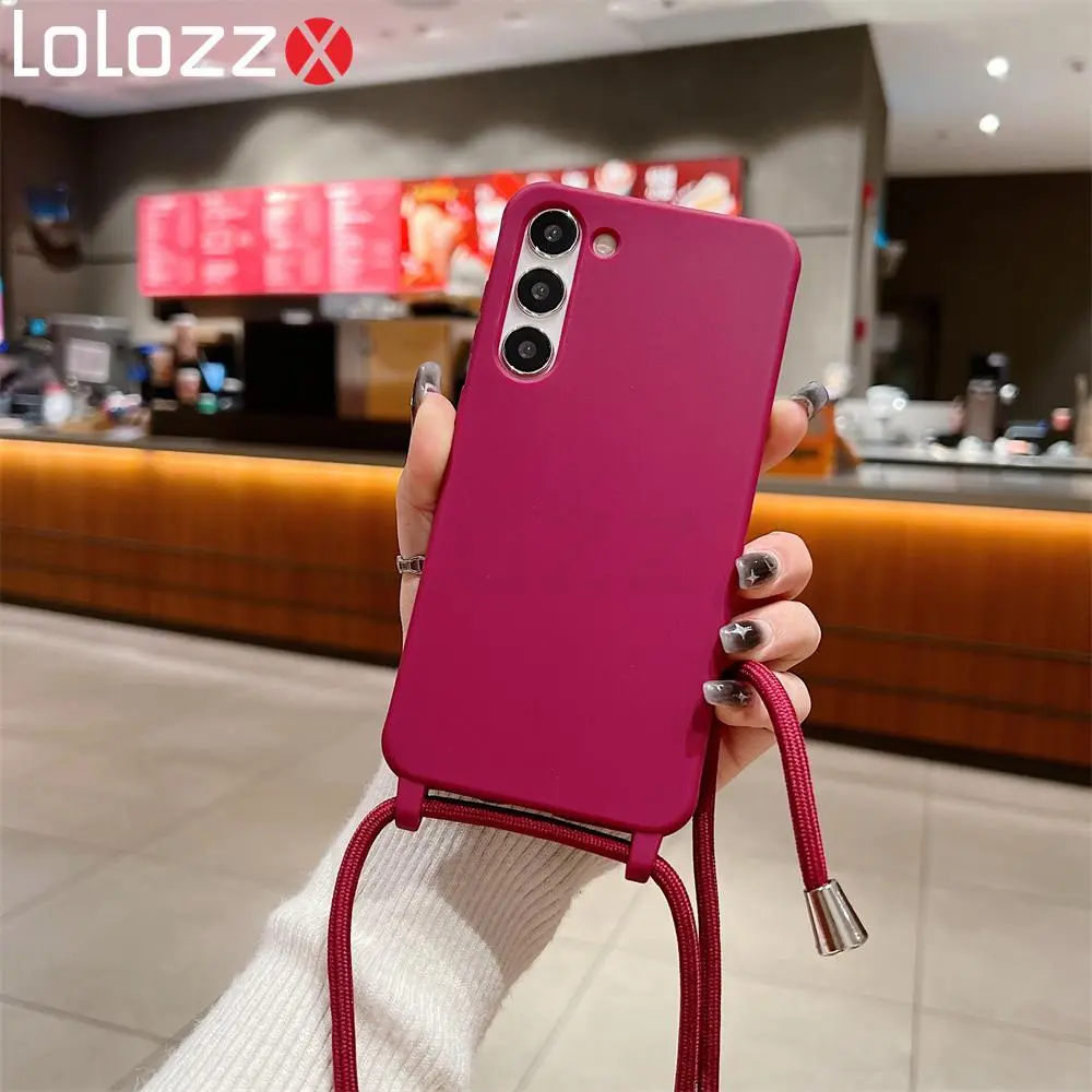 Luxury Matte Soft Silicone Crossbody Necklace Cord Strap Case For Samsung S25 S24 S23 Ultra S22 Plus S21 S20 FE S11 S10 S9 Cover