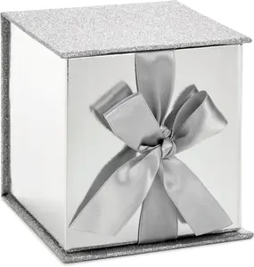 Small Gift Box with Bow and Shredded Paper Fill (Silver Signature 4 inch Gift Box with Glitter) for Weddings, Graduations, Bridal Showers, Anniversaries, All Occasion