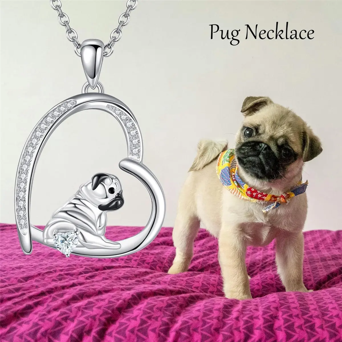 Exquisite Creative Pug Heart-Shaped Alloy Pendant Necklace - Adorable Pet-Inspired Jewelry Gift for Dog Lovers, Unique Dainty Canine Charm Accessory with Adjustable Chain, Perfect Birthday/Anniversary Keepsake