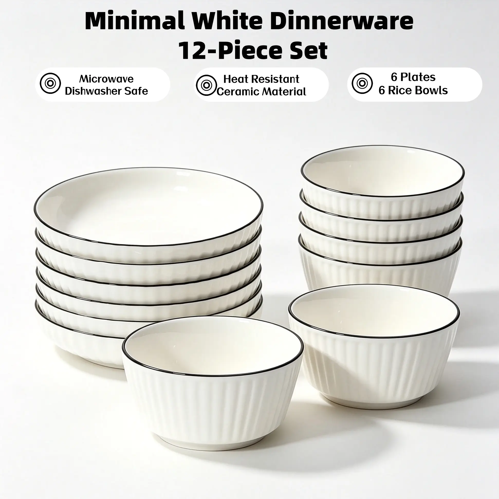 12-Pc Round Shape Porcelain Ceramic Tableware Set - 6x8in Plates, 6x4.5in Rice Bowls, Abstract Line-Art Pattern, Heat-Resistant, Lead-Free, Microwave-Safe, Stackable for Daily Family Meals
