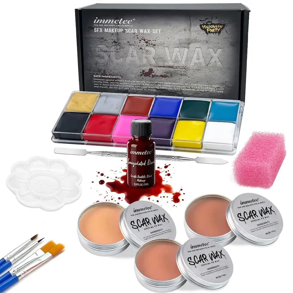 Immette SFX Makeup Combo Kit with Scar Wax & Fake Blood, All-in-1 Oil-Based Cosmetic Blend for Smooth Realistic Effects, Halloween Makeup Face Paint for Cosplay, Ideal Gift for Friends, Crafts, Smoothing