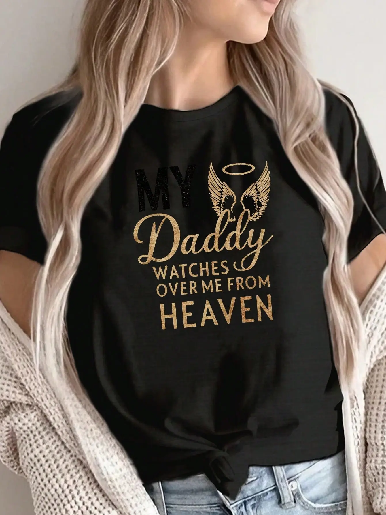 Womens Heavenly Father Guardian Memorial T-Shirt - Angel Wing Pattern Soft Crew Neck Casual Shirt Memorial For A Decease (1)