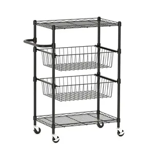 Garvee 4 Tier Rolling Carts, Metal Wire Utility Cart with Wheels & Handle Bar, 110 Lbs Heavy Duty Kitchen Serving Trolley Food Storage Cart for Restaurant, Kitchen Mobile Shelf Organizer