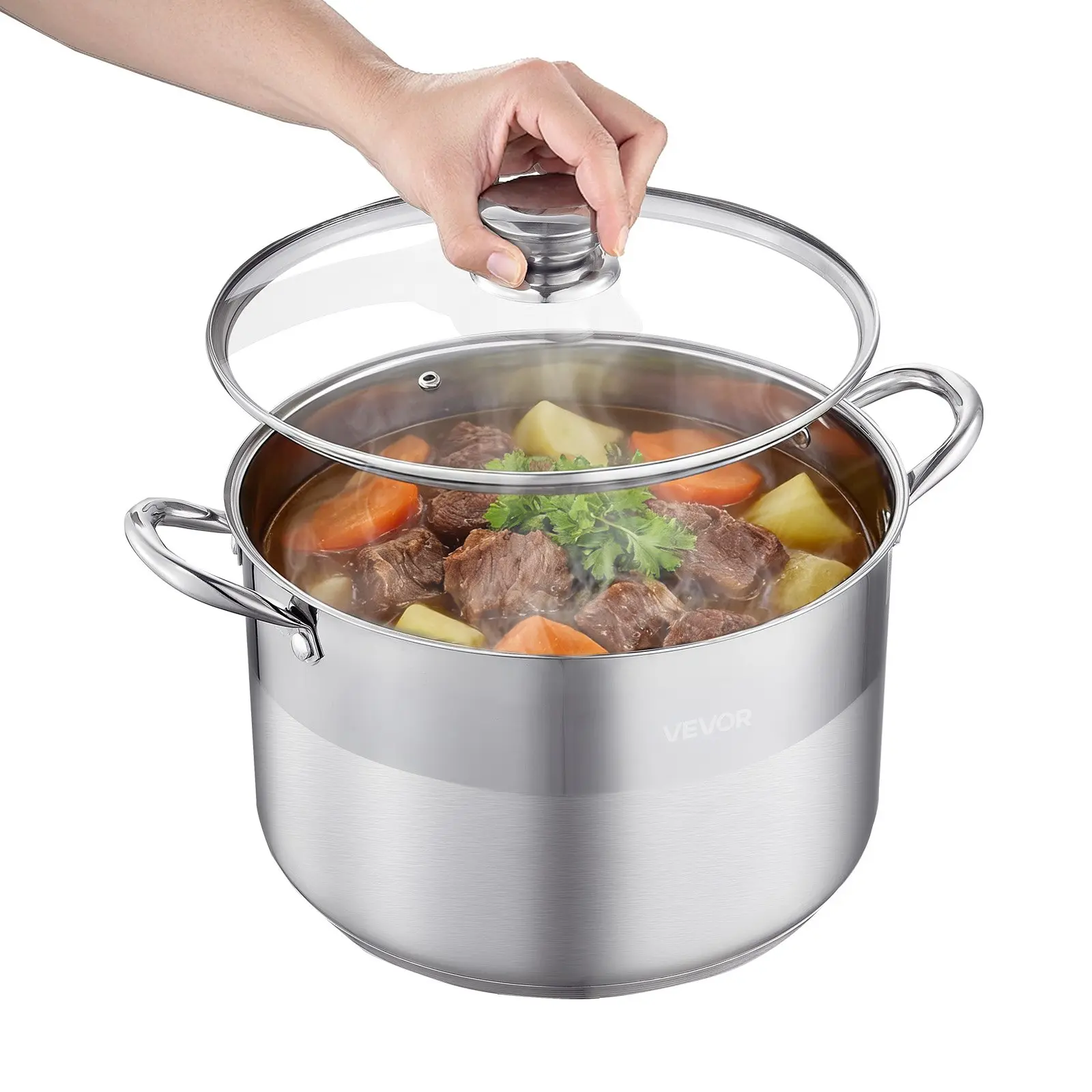 VEVOR 12 Qt (11.4L) Round Stainless Steel Stock Pot Cookware, 5.95 lbs, with Handles, Glass Lid, PFOA-Free, PFAS-Free, Multi-Stove Compatible (Gas, Induction Cooktops, Electric), Ideal for Seniors for Soups, Stews