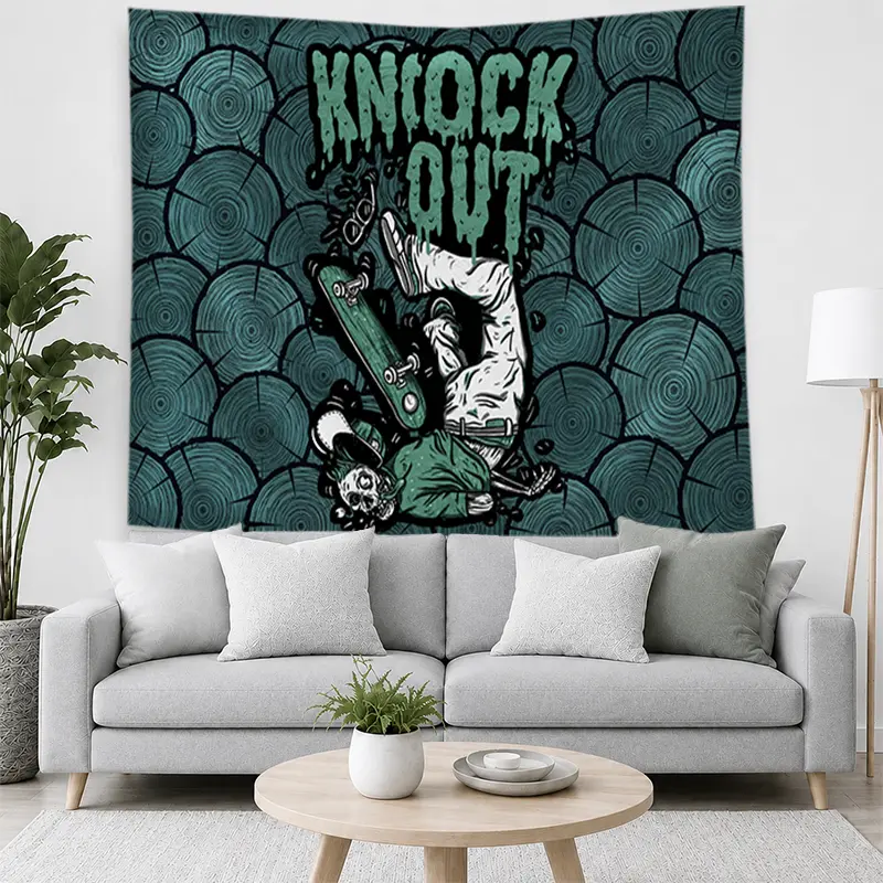 Decorative Skateboard Knockout Graphic Tapestry - Teal, Black, White Street Art Fabric Wall Hanging, Edgy Urban Decor for Bedroom, Living Room Gift Item