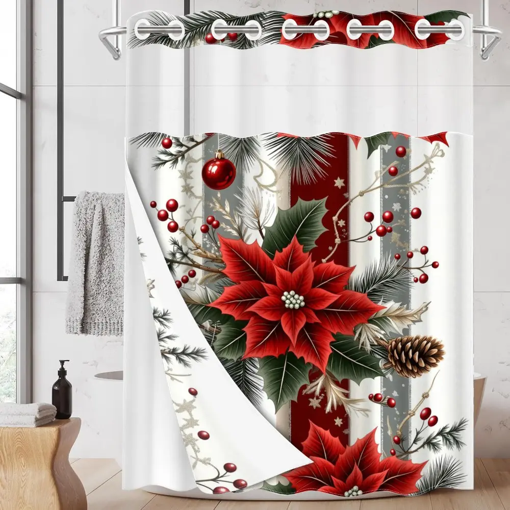 1PC/4PCS 2D Flat Printing Merry Christmas Red Poinsettia Pinecone Patterned Printed shower curtain, Decorative shower curtain, home bathroom decor accessories, shower curtain set with 12 hooks, non-slip bathroom rug, U-shaped toilet seat cover