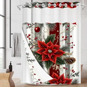 1PC/4PCS 2D Flat Printing Merry Christmas Red Poinsettia Pinecone Patterned shower curtain, home bathroom decoration accessories, shower curtain set with 12 hooks, non-slip bathroom rug, U-shaped toilet seat cover, toilet seat mat