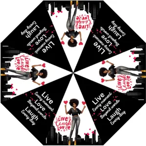 Live love laugh umbrella Folding Umbrella Beautiful Black woman silhouette Compact Travel Umbrella Automatic Open Close, Umbrella for Rain Windproof Sun Umbrella UV Protection Large Portable Reverse Umbrella