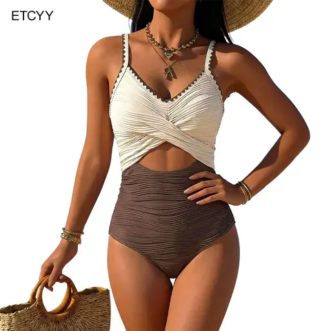ETCYY Women’s Ribbed Cutout One Piece Swimsuit, Tummy Control Twist Front Bathing Suit with Removable Padding, Adjustable Tie Back, Two Tone Swimwear