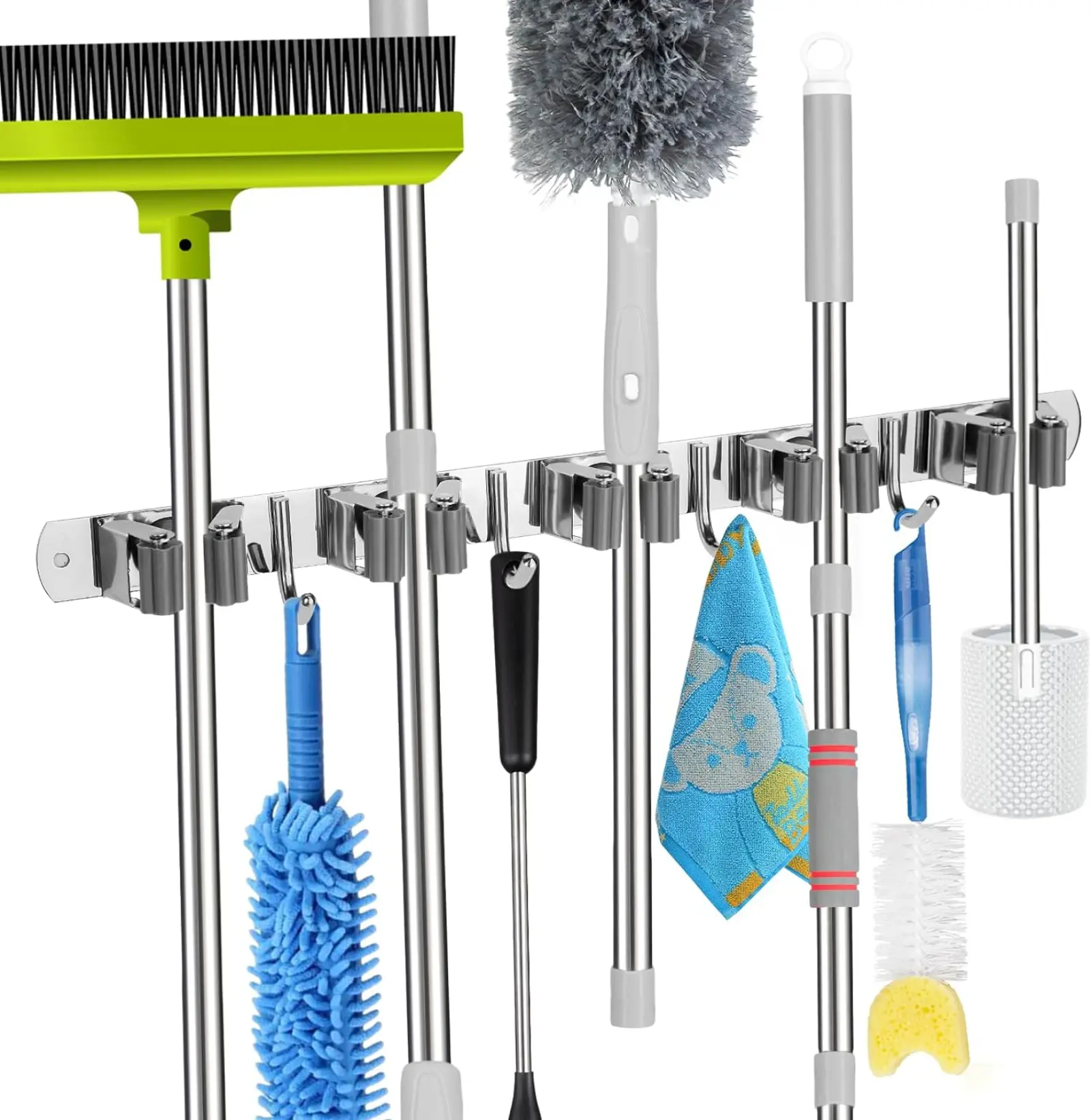 Hangable Mop/Broom Holder - Adjustable Stainless Steel Heavy Duty Wall-Mount Home Organizer with 5 Racks, 4 Mountable Hanging Hooks & Rails, 0 - 5 Kg Capacity, 17.32in D x 1.96in W x 2.36in H, Easy Installation for Kitchen, Garage, Hanger, Self Adhesive
