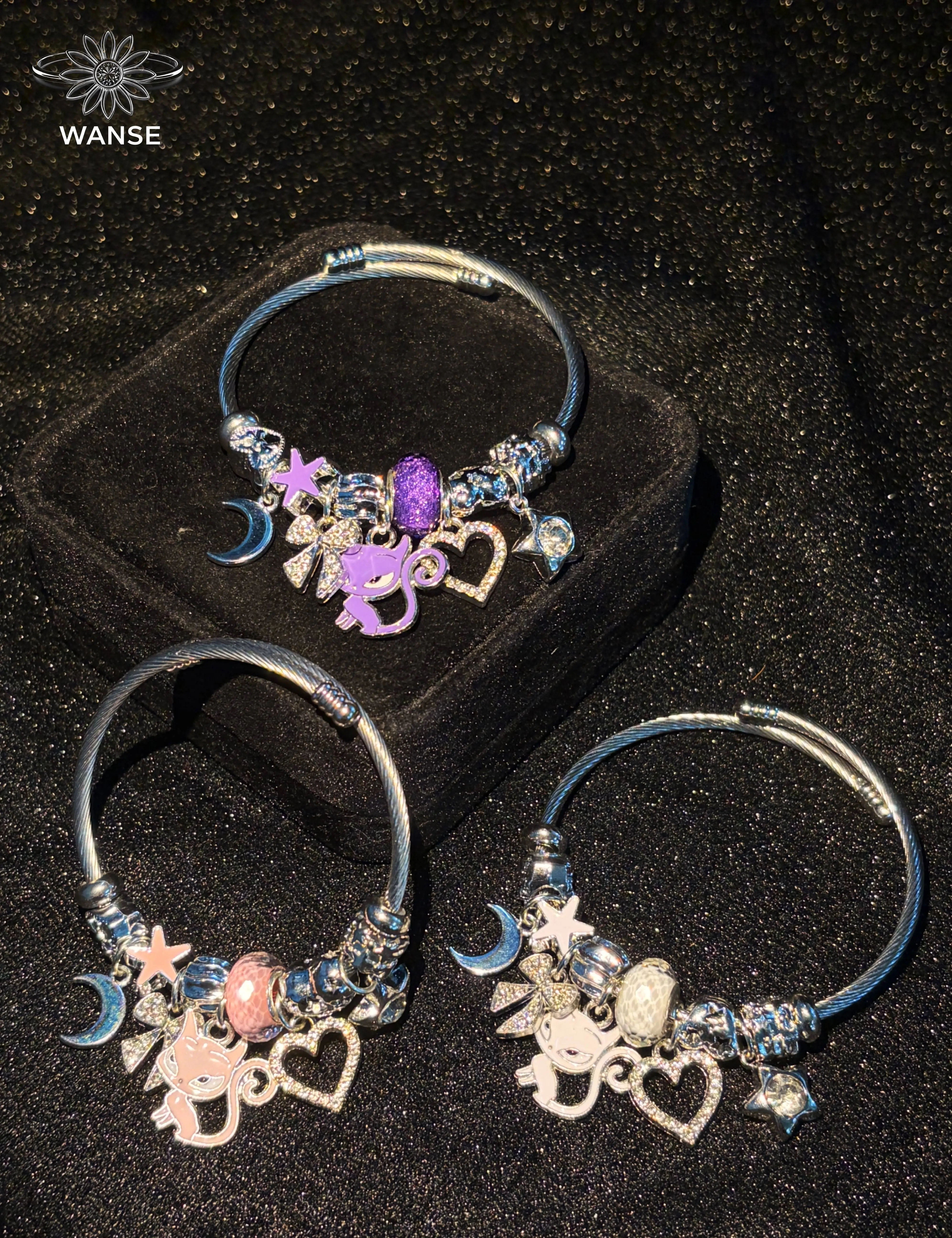 Women's Silver-Tone Adjustable Open Wire Charm Bangle, Dark-Sweet Cartoon Dangle Charms, Moon, Star, Rhinestone Heart & Glitter Beads, Trendy Costume Jewelry Gift